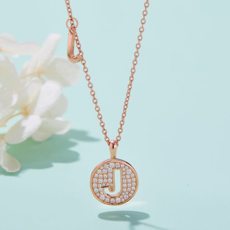 Initial 'J' Letter Medallion Customized Moissanite Necklace in 18K Rose Golden Plated Sterling Silver - La Pretti