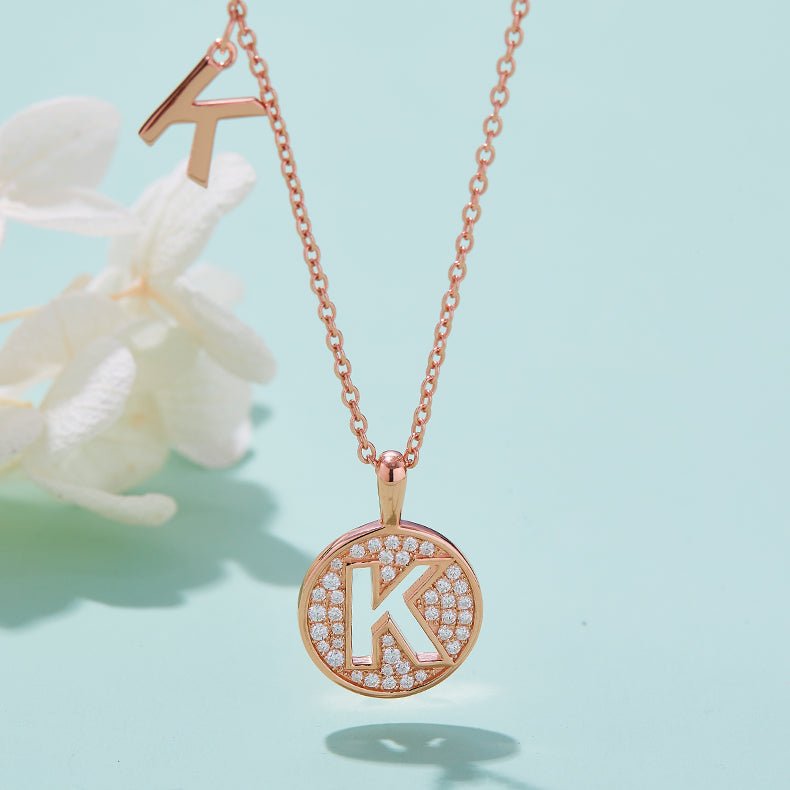 Initial 'K' Letter Medallion Customized Moissanite Necklace in 18K Rose Golden Plated Sterling Silver - La Pretti