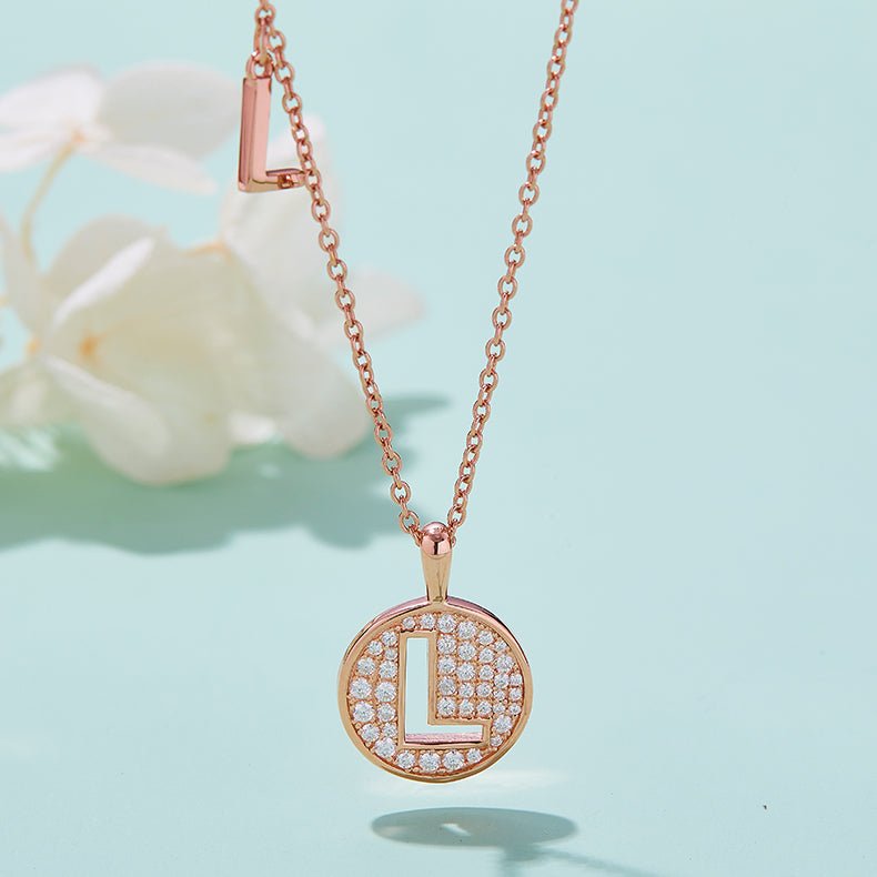 Initial 'L' Letter Medallion Customized Moissanite Necklace in 18K Rose Golden Plated Sterling Silver - La Pretti