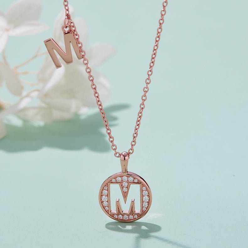 Initial 'M' Letter Medallion Customized Moissanite Necklace in 18K Rose Golden Plated Sterling Silver - La Pretti