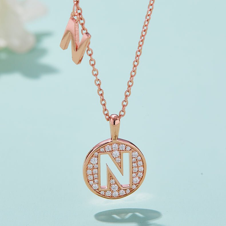 Initial 'N' Letter Medallion Customized Moissanite Necklace in 18K Rose Golden Plated Sterling Silver - La Pretti