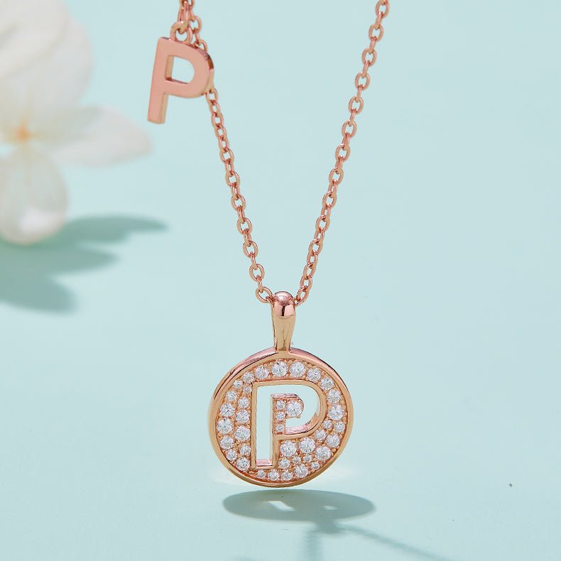 Initial 'P' Letter Medallion Customized Moissanite Necklace in 18K Rose Golden Plated Sterling Silver - La Pretti