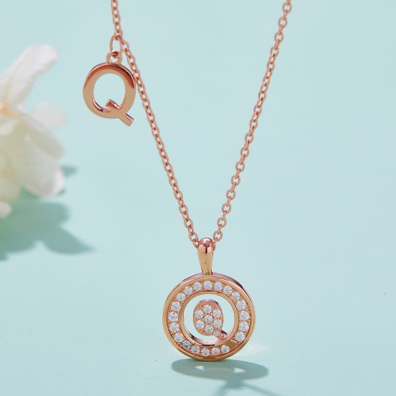 Initial 'Q' Letter Medallion Customized Moissanite Necklace in 18K Rose Golden Plated Sterling Silver - La Pretti