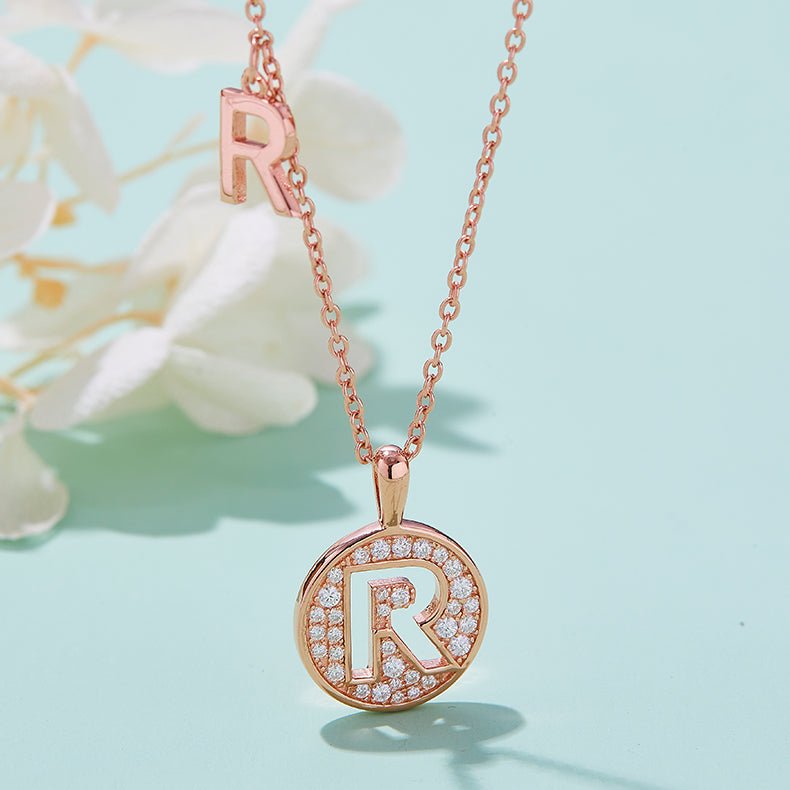 Initial 'R' Letter Medallion Customized Moissanite Necklace in 18K Rose Golden Plated Sterling Silver - La Pretti