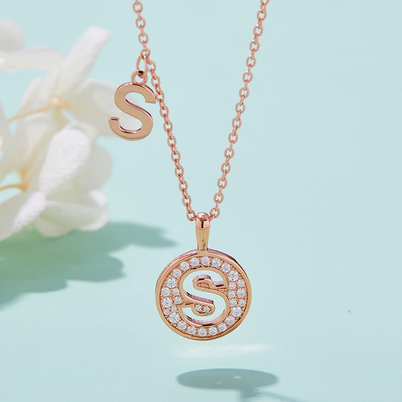 Initial 'S' Letter Medallion Customized Moissanite Necklace in 18K Rose Golden Plated Sterling Silver - La Pretti