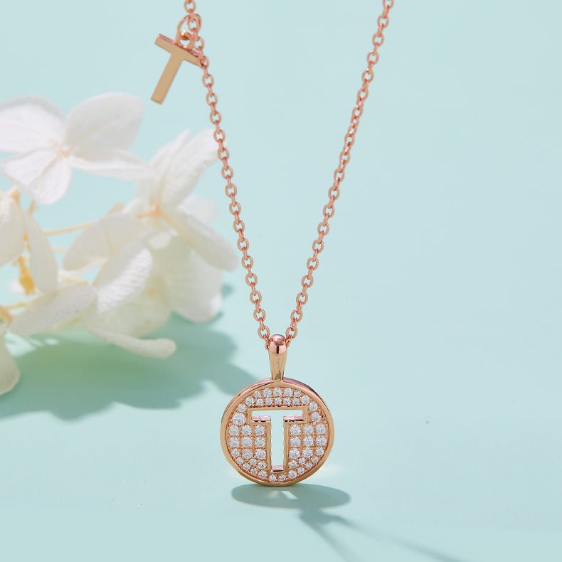 Initial 'T' Letter Medallion Customized Moissanite Necklace in 18K Rose Golden Plated Sterling Silver - La Pretti