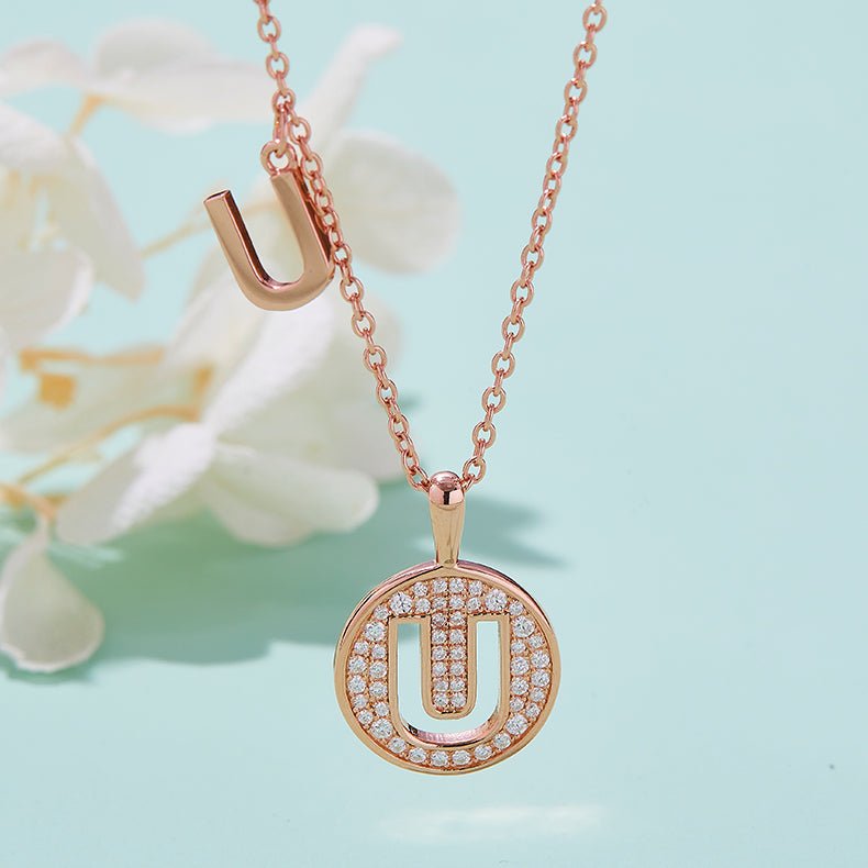 Initial 'U' Letter Medallion Customized Moissanite Necklace in 18K Rose Golden Plated Sterling Silver - La Pretti
