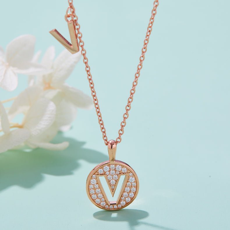 Initial 'V' Letter Medallion Customized Moissanite Necklace in 18K Rose Golden Plated Sterling Silver - La Pretti