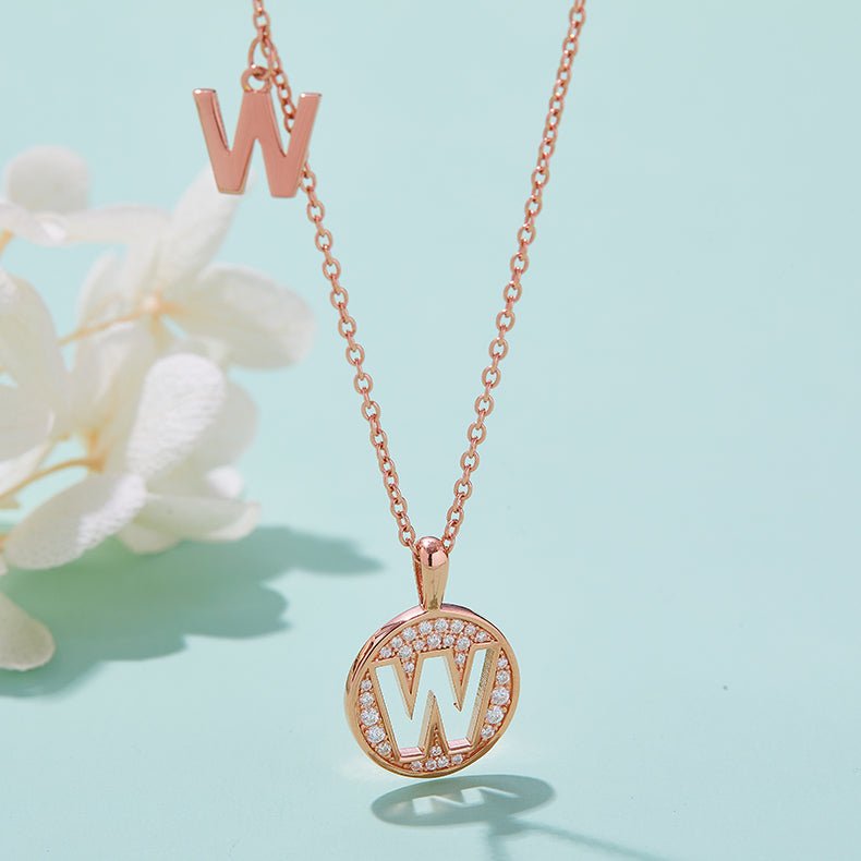 Initial 'W' Letter Medallion Customized Moissanite Necklace in 18K Rose Golden Plated Sterling Silver - La Pretti
