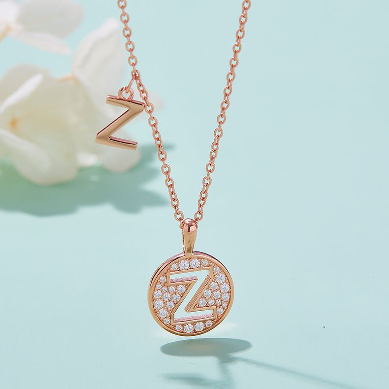 Initial 'Z' Letter Medallion Customized Moissanite Necklace in 18K Rose Golden Plated Sterling Silver - La Pretti