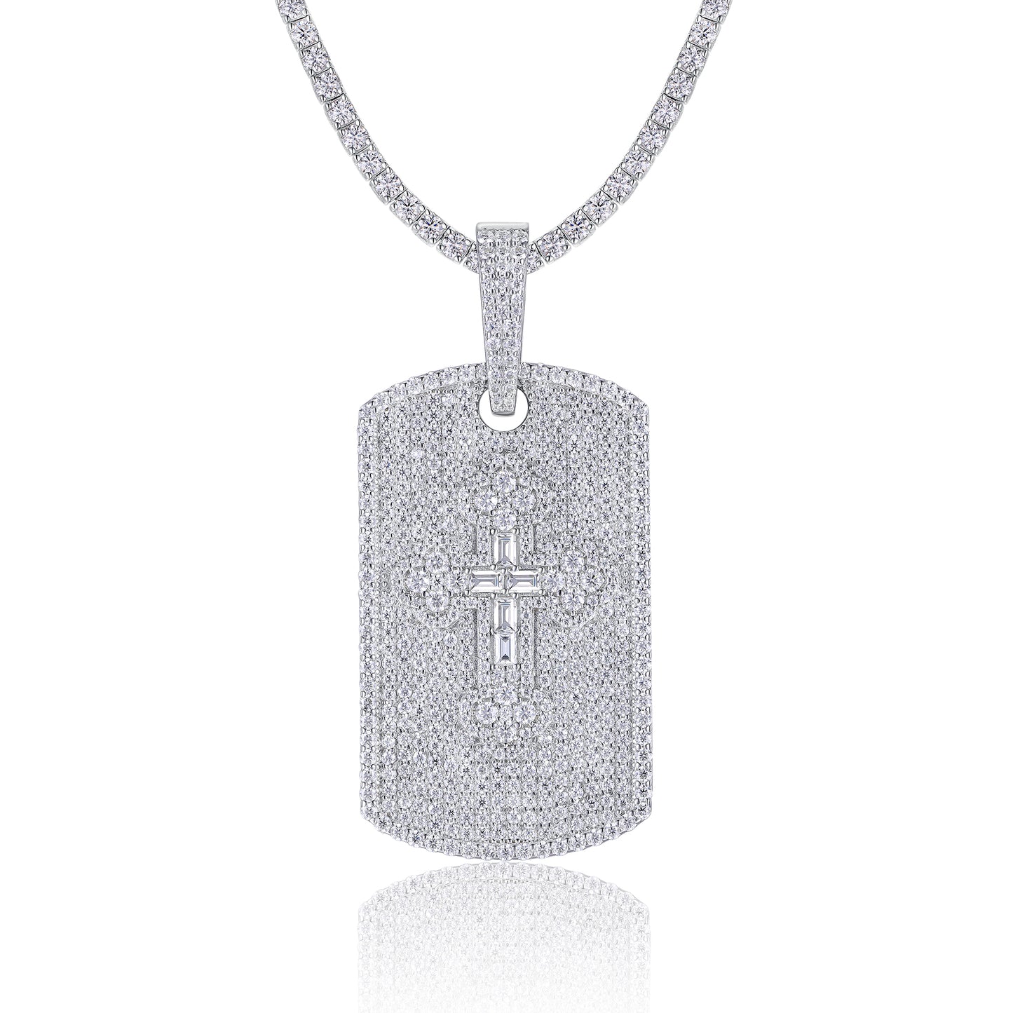 Full Pave Tag of Moissanite Greek Orthodox Cross Pendant with Halo Bail (Charm) - La Pretti