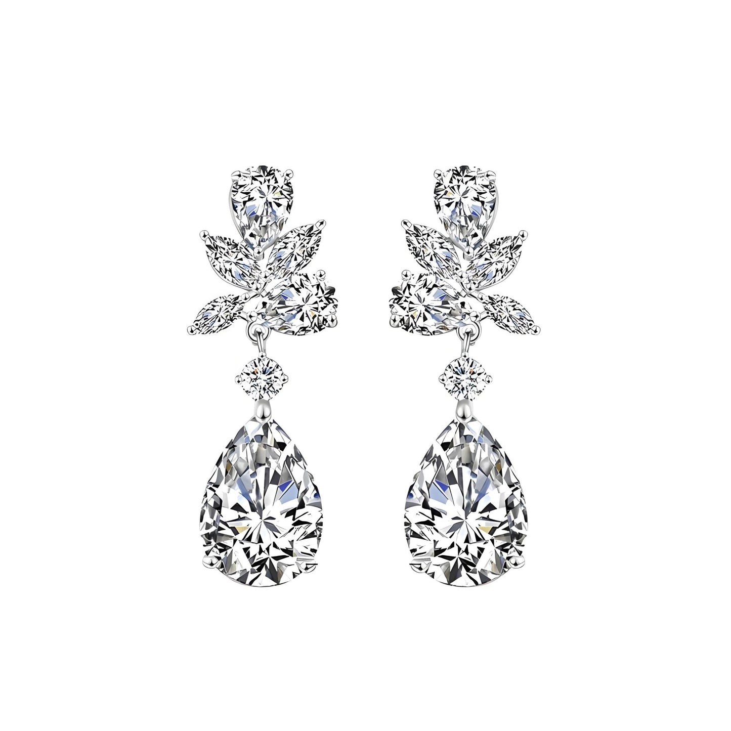 Botanical Double Moissanite Drop Earrings in 18K White Gold Plated Sterling Silver (6ct. ) - La Pretti