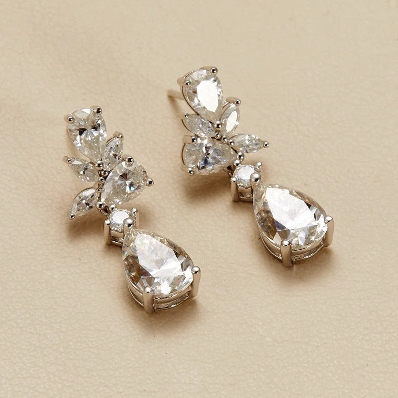 Botanical Double Moissanite Drop Earrings in 18K White Gold Plated Sterling Silver (6ct. ) - La Pretti