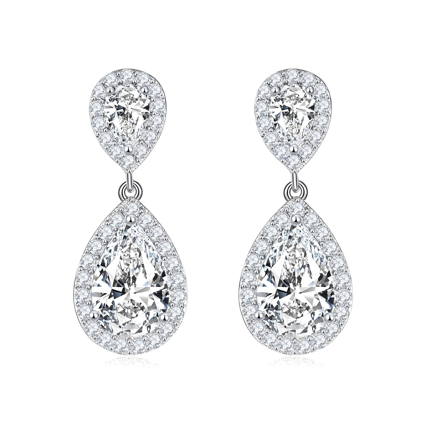 Double Teardrop Moissanite Drop Earrings with Halo Settings in 18K White Gold Plated Sterling Silver (3ct. ) - La Pretti