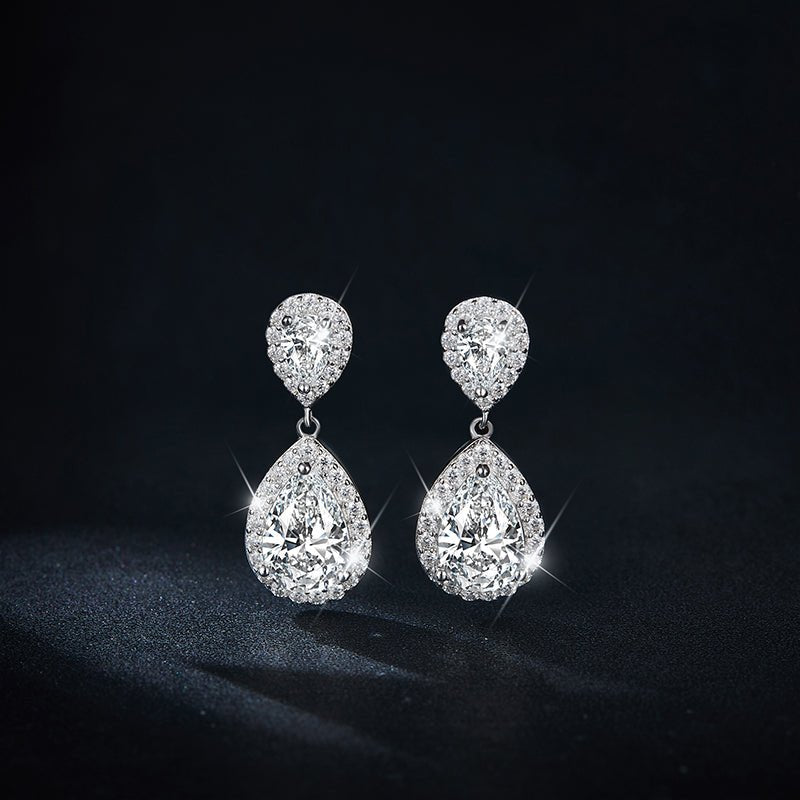 Double Teardrop Moissanite Drop Earrings with Halo Settings in 18K White Gold Plated Sterling Silver (3ct. ) - La Pretti