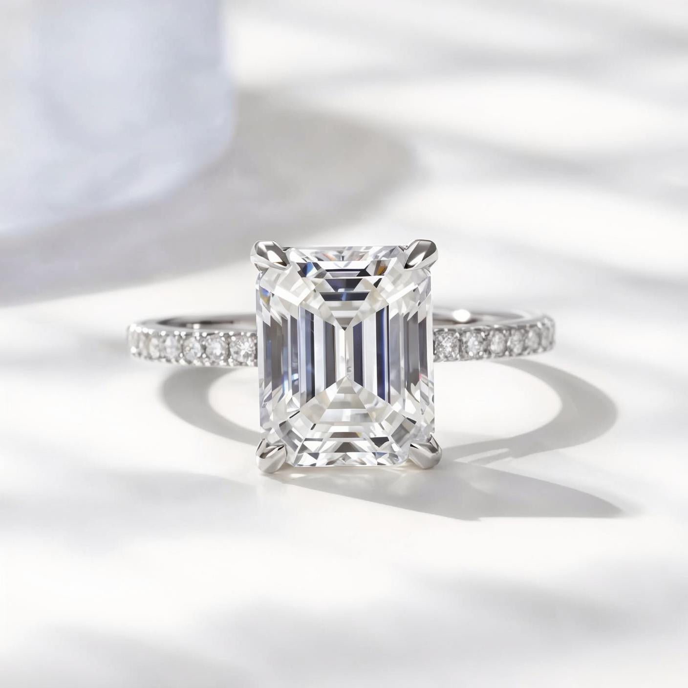 Emerald Cut Moissanite Solitaire Engagement Ring in Pave Setting (5ct. ) - La Pretti