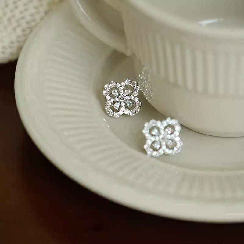 Pear Shaped Clover Moissanite Stud Earrings with Floral Halos in 18K White Gold Plated Sterling Silver Openwork Accented Border - La Pretti