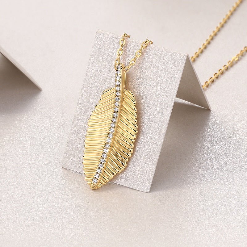 Golden Feather Moissanite Pendant Necklace with Pave Midrib - La Pretti