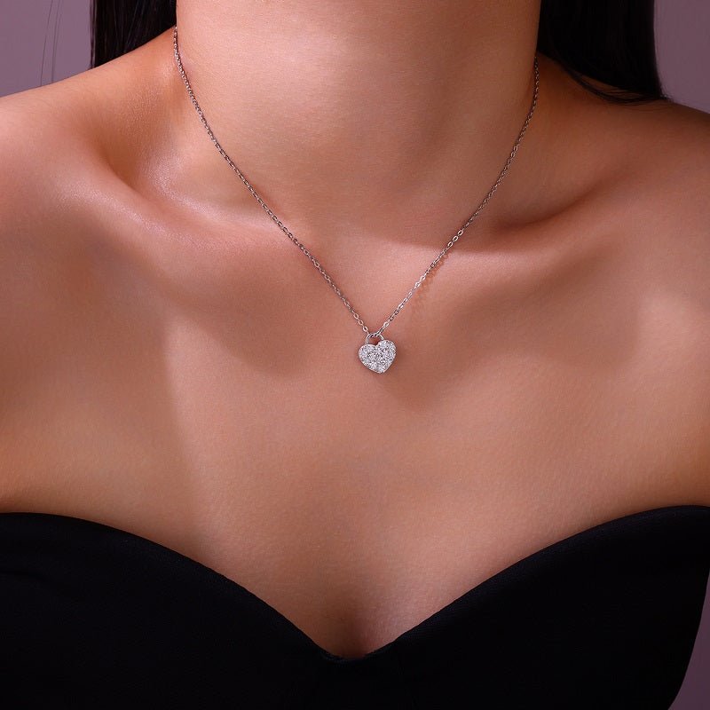 Heart Lock Moissanite Pendant Necklace in Full Pave - La Pretti