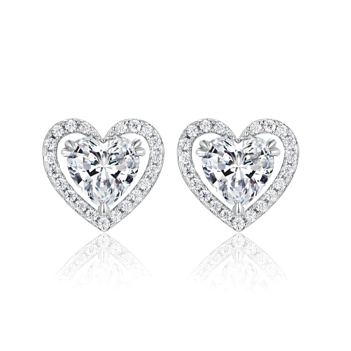 Heart Shaped Moissanite Stud Earrings with Floating Halo in 18K White Gold Plated Sterling Silver (2ct. ) - La Pretti