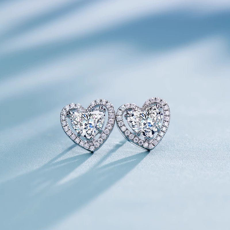 Heart Shaped Moissanite Stud Earrings with Floating Halo in 18K White Gold Plated Sterling Silver (2ct. ) - La Pretti