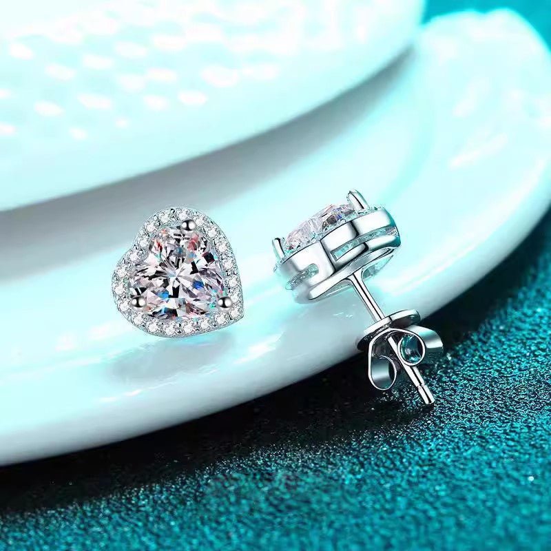 Heart Shaped Moissanite Stud Earrings with Halo Setting in 18K White Gold Plated Sterling Silver (2ct. ) - La Pretti