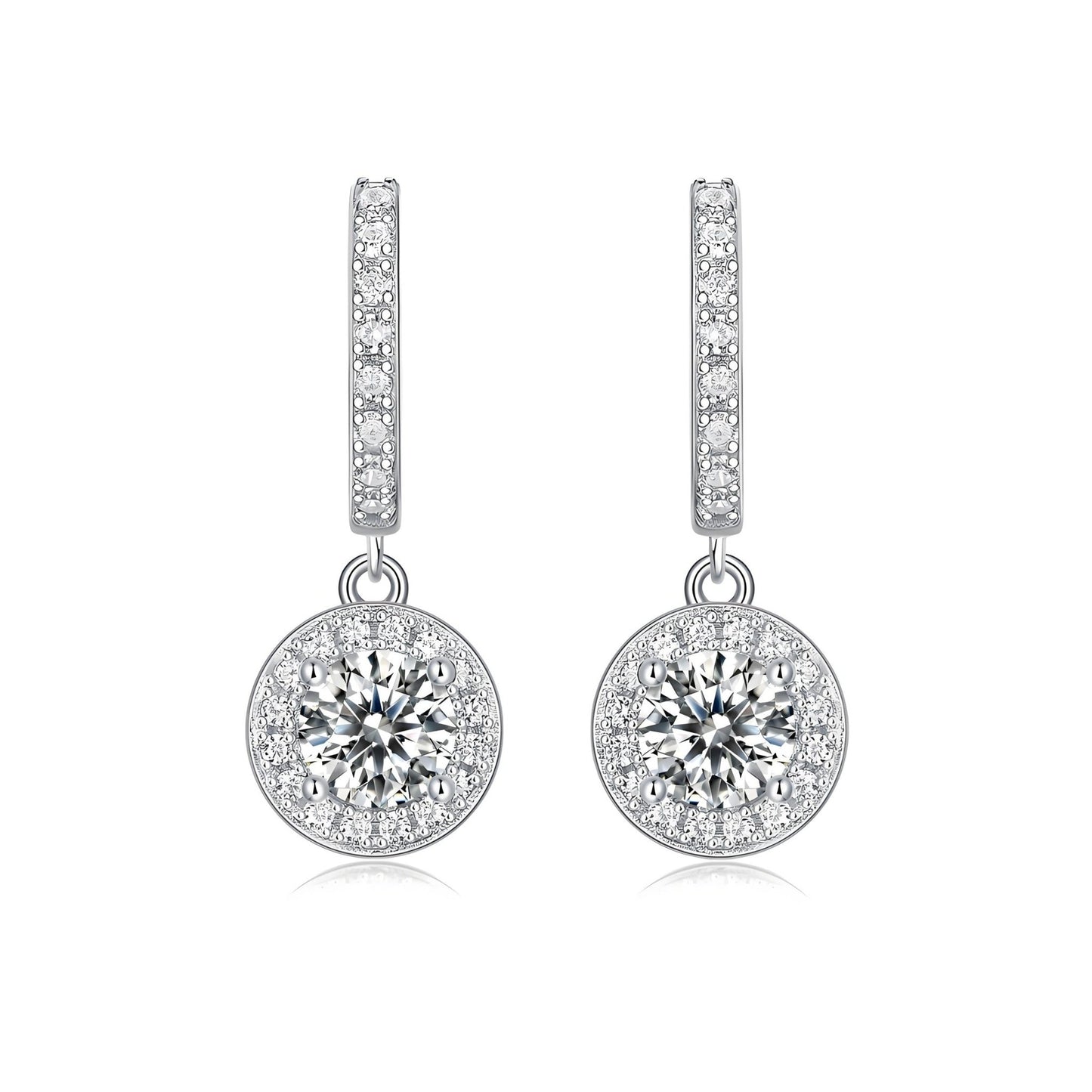 Halo Dangle Round Moissanite Drop Huggies Earrings in 18K White Gold Plated Sterling Silver (1ct. ) - La Pretti