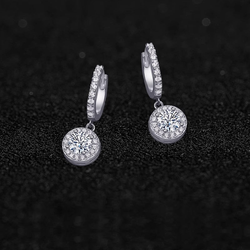 Halo Dangle Round Moissanite Drop Huggies Earrings in 18K White Gold Plated Sterling Silver (1ct. ) - La Pretti