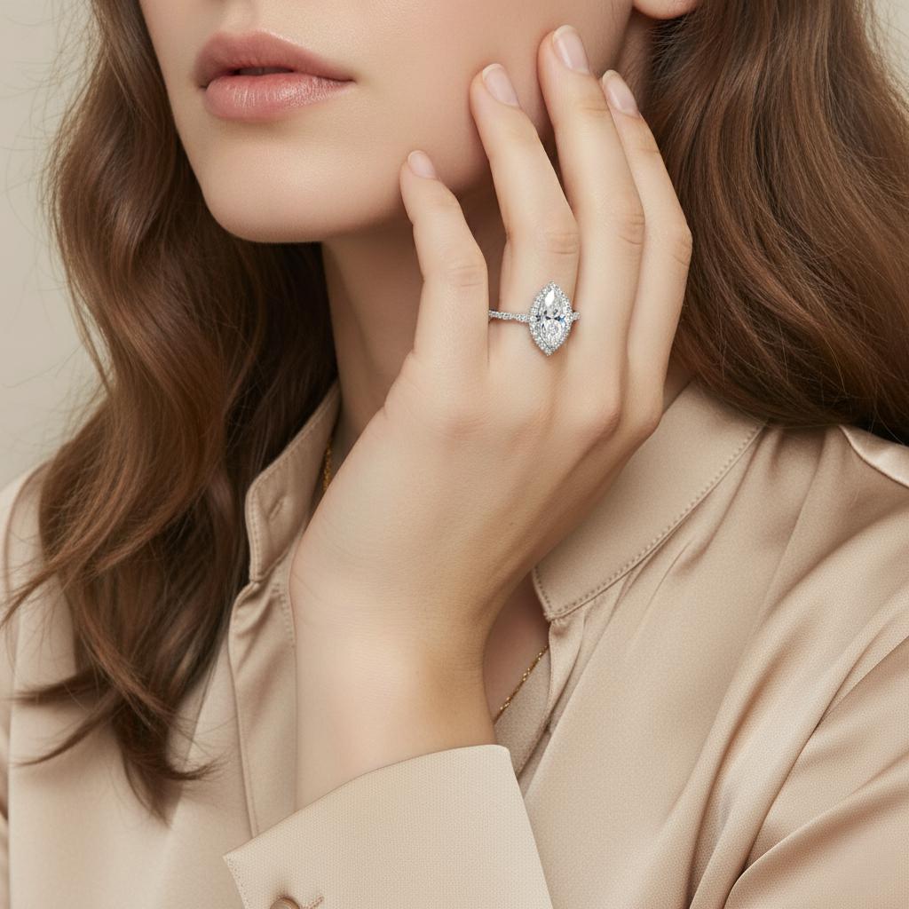 Marquise Cut Moissanite Halo Engagement Ring in Scalloped Pave Setting (3ct. ) - La Pretti