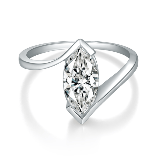 Solitaire Marquise Moissanite Half Bezel Engagement Ring in Curved Bypass (1ct. ) - La Pretti