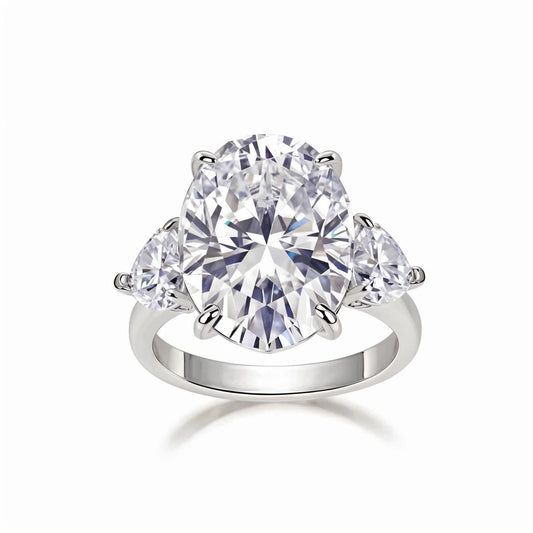 Elongated Oval Cut Moissanite Three Stone Engagement Ring with Hidden Halo in Baskets Setting (12ct. ) - La Pretti