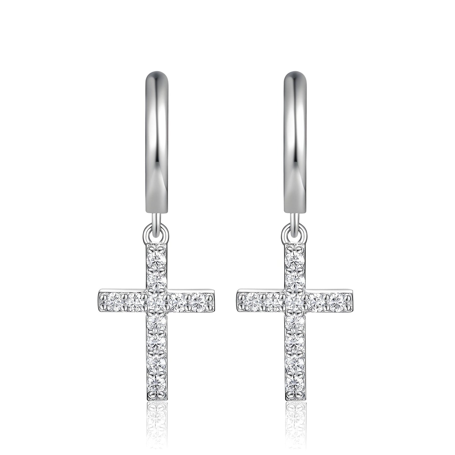 Dangle Cross Moissanite Drop Huggie Earrings with Pave Setting in 18K White Gold Plated Sterling Silver - La Pretti