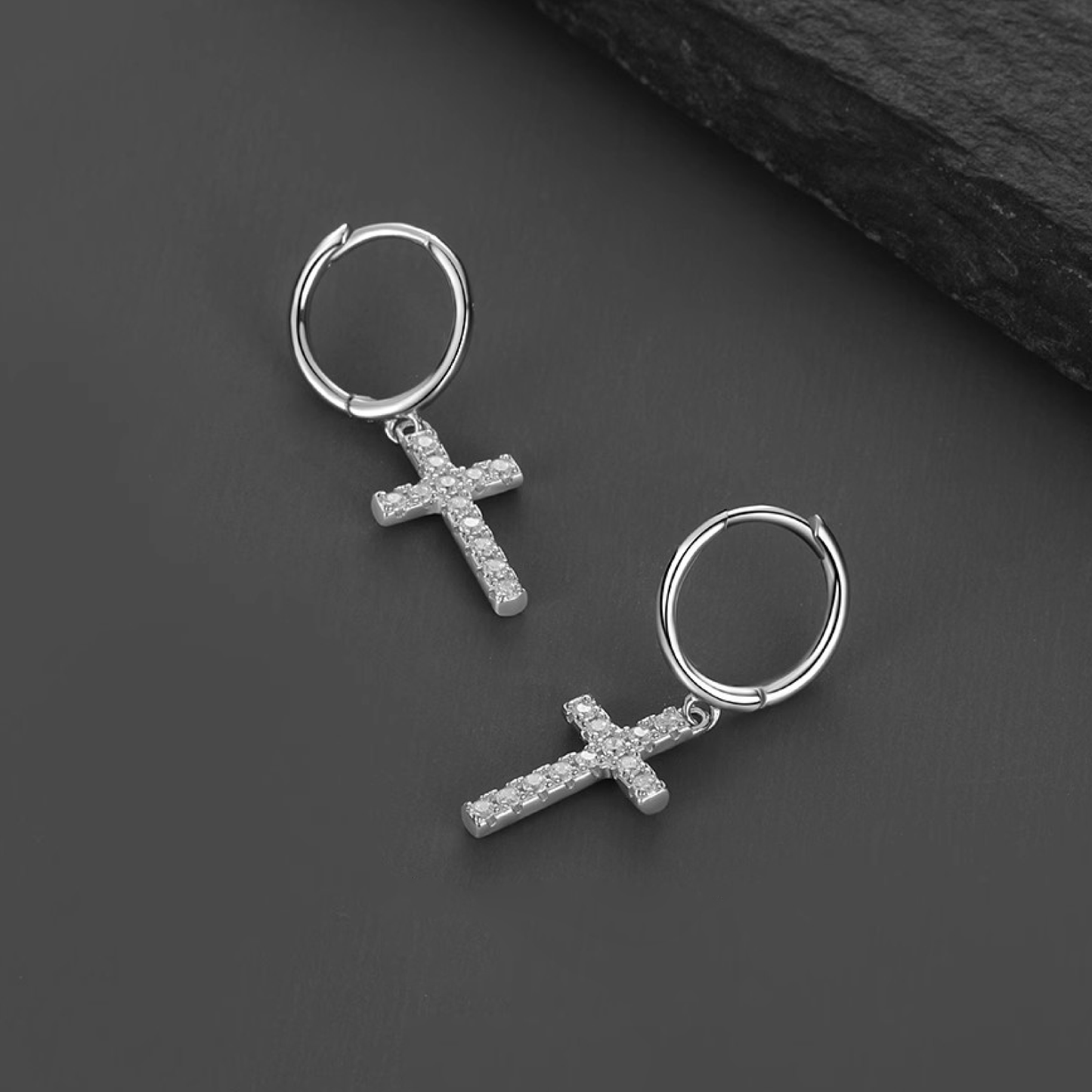 Dangle Cross Moissanite Drop Huggie Earrings with Pave Setting in 18K White Gold Plated Sterling Silver - La Pretti