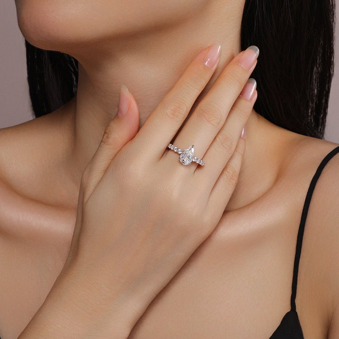 Pear Shaped Moissanite Solitaire Engagement Ring in Pave Setting (3ct. ) - La Pretti