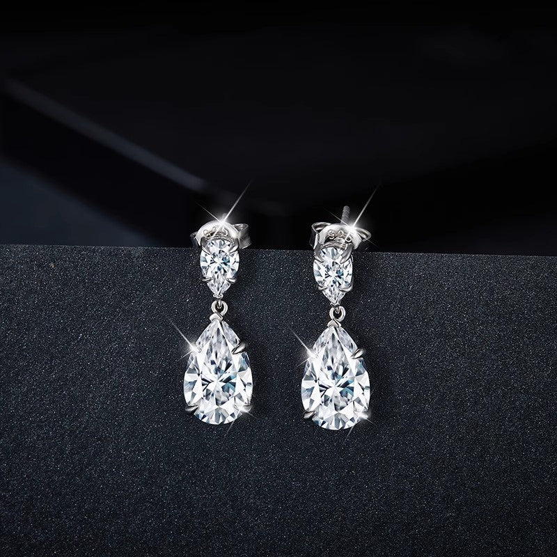 Double Teardrops Moissanite Pear Shaped Drop Earrings in 18K White Gold Plated Sterling Silver (6ct. ) - La Pretti