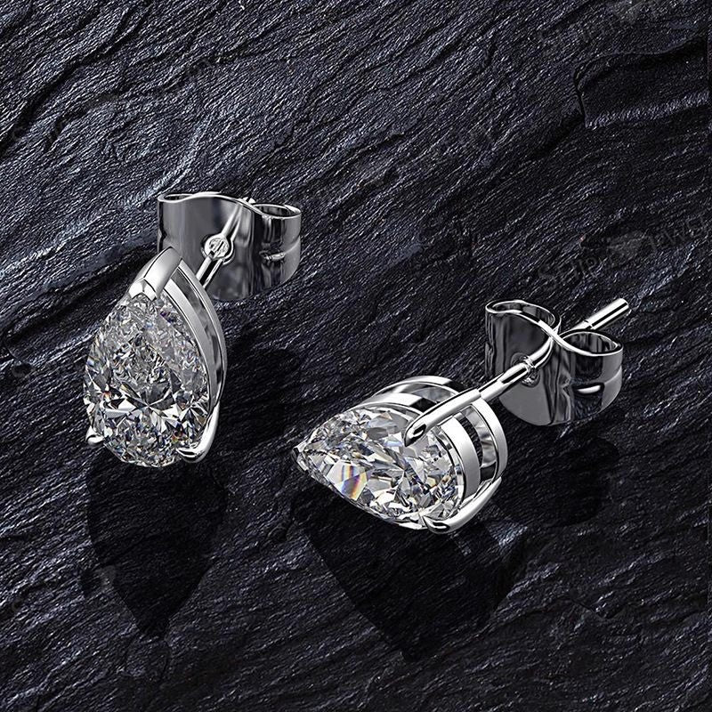 Pear Shaped Moissanite Stud Earrings in 18K White Gold Plated Sterling Silver (2ct. ) - La Pretti