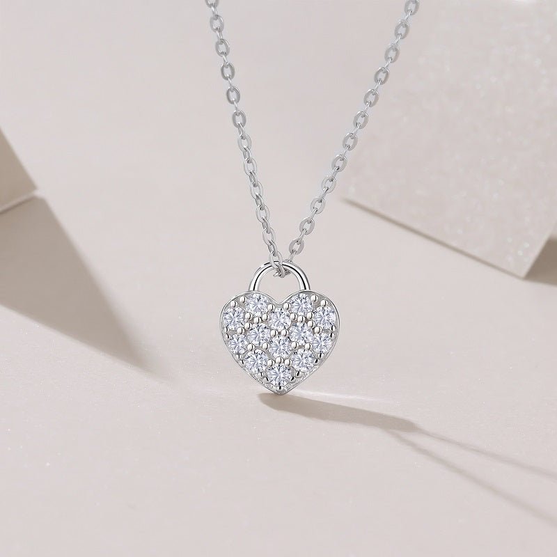 Heart Lock Moissanite Pendant Necklace in Full Pave - La Pretti