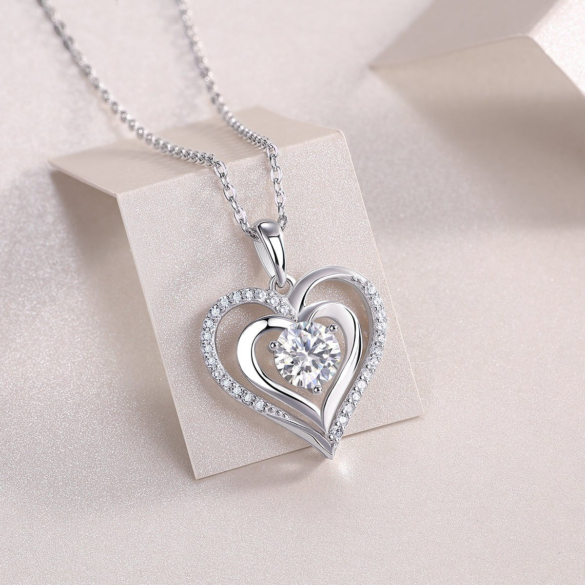 Nested Heart Moissanite Pendant Necklace in Double Floating Halo with Standard Bail (1ct. ) - La Pretti