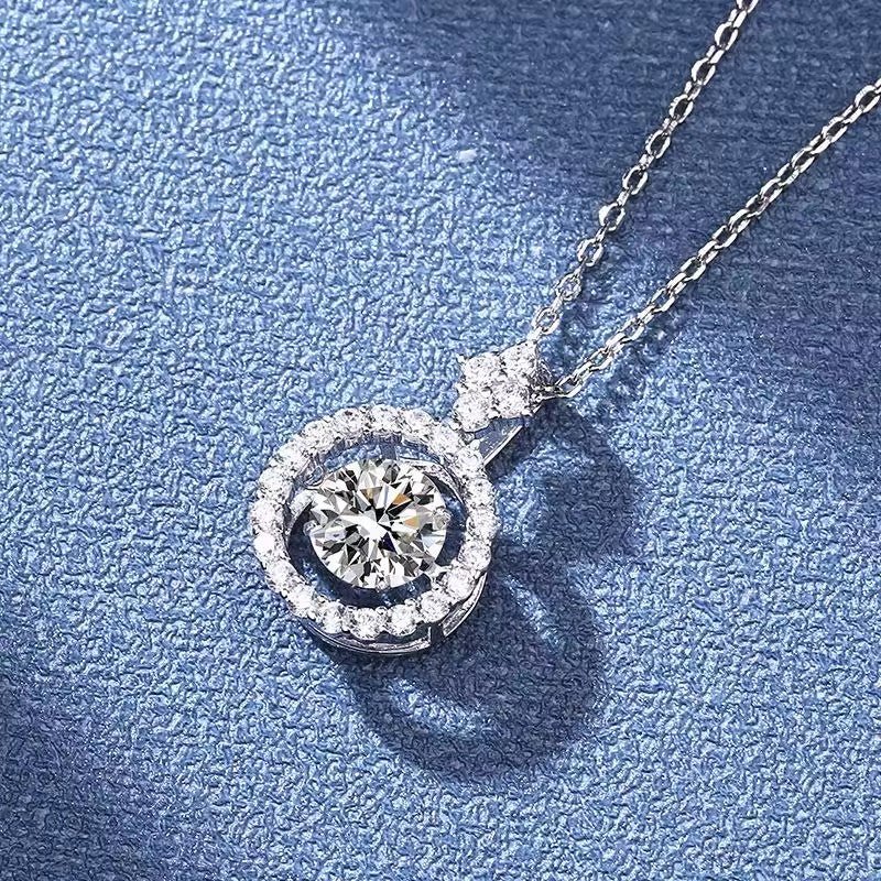 Dancing Stone Moissanite Round Pendant Necklace in Halo with Cluster Bail (1ct. ) - La Pretti