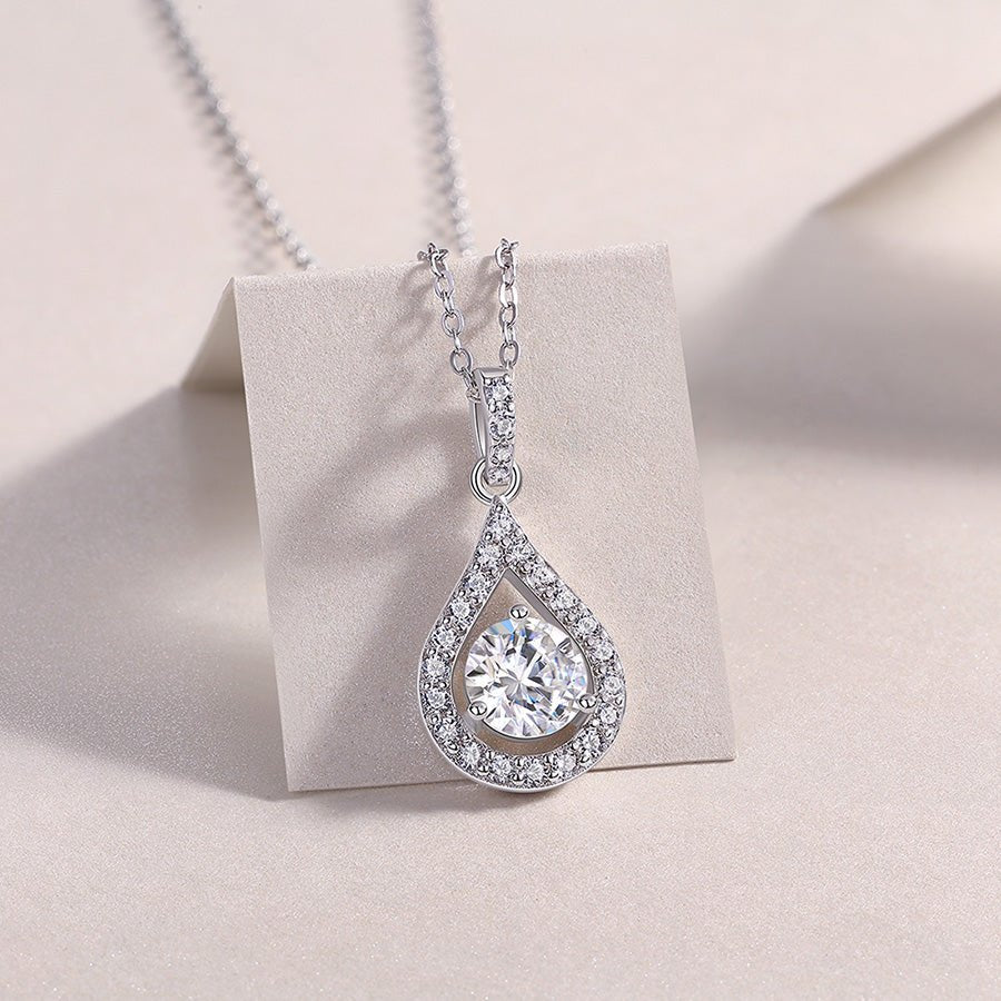 Teardrop Halo Moissanite Round Pendant Necklace in Floating Channel with Halo Bail (1ct. ) - La Pretti