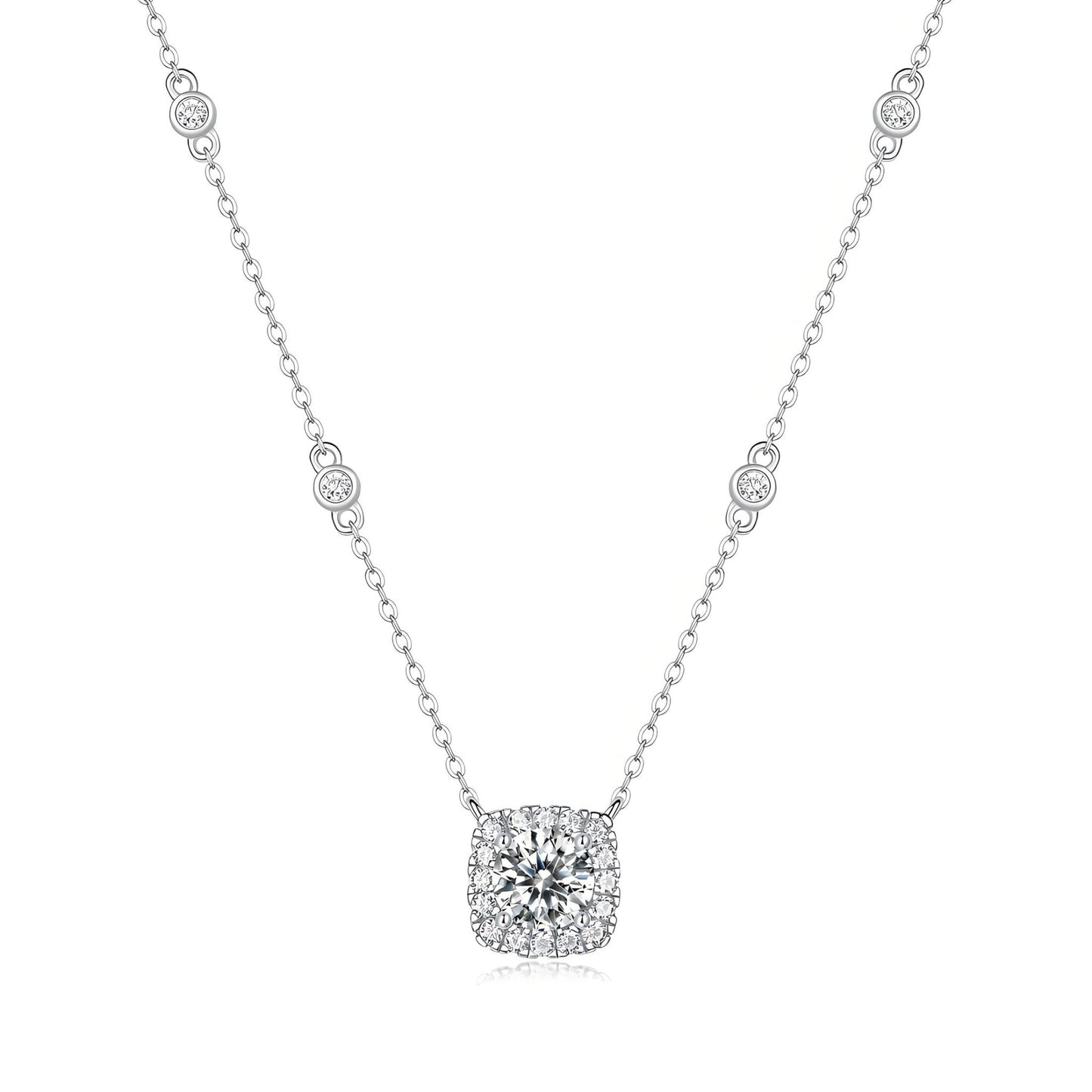 Station Moissanite Square Pendant Necklace in Seamless Halo Setting (1ct. ) - La Pretti