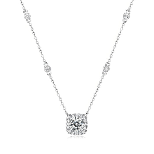 Station Moissanite Square Pendant Necklace in Seamless Halo Setting (1ct. ) - La Pretti