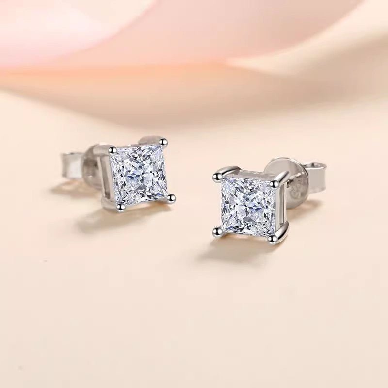 Princess Moissanite Stud Earrings in 18K White Gold Plated Sterling Silver (2ct. ) - La Pretti