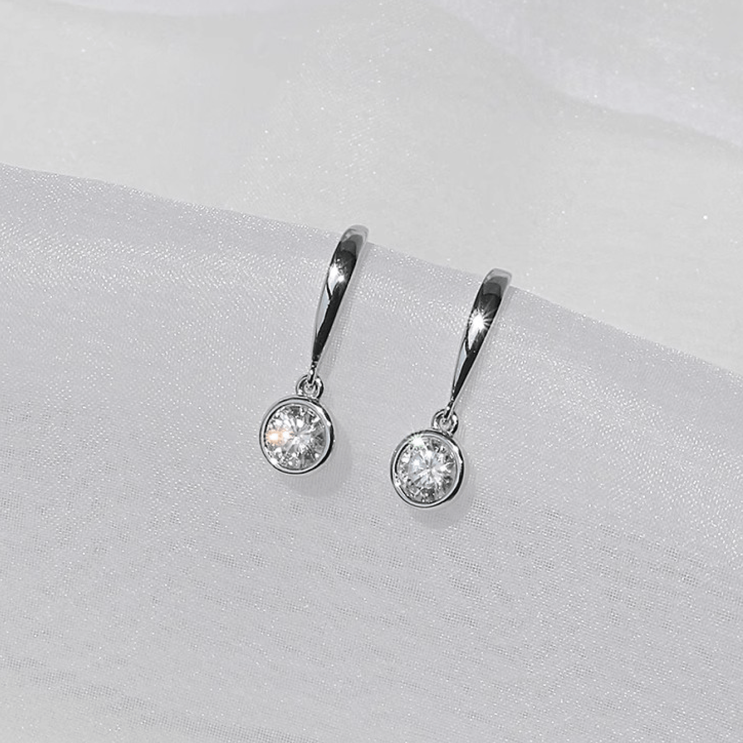 Bezel Dangle Moissanite Round Bezel - Set Drop Earrings with Fish Hook in 18K White Gold Plated Sterling Silver (1ct. ) - La Pretti