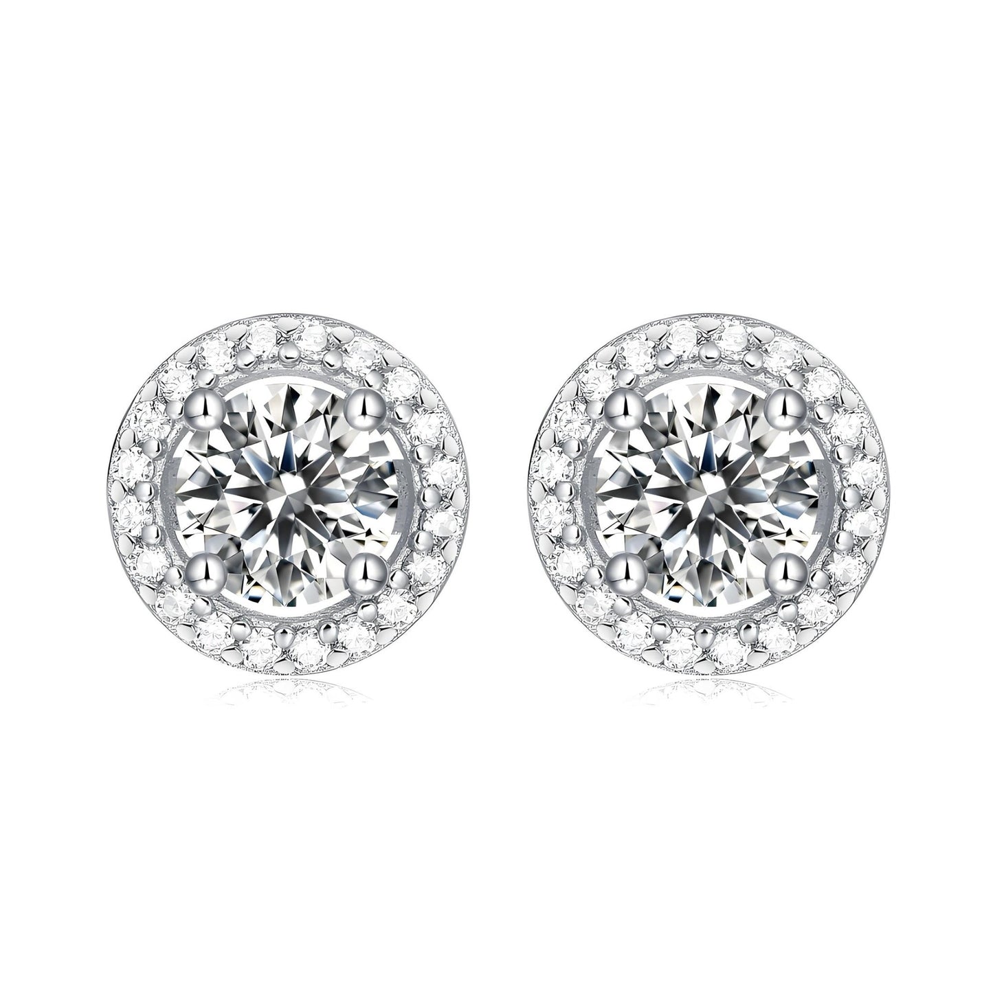 Round Moissanite Stud Earrings with Floating Halo in 18K White Gold Plated Sterling Silver (1 - 2ct. ) - La Pretti