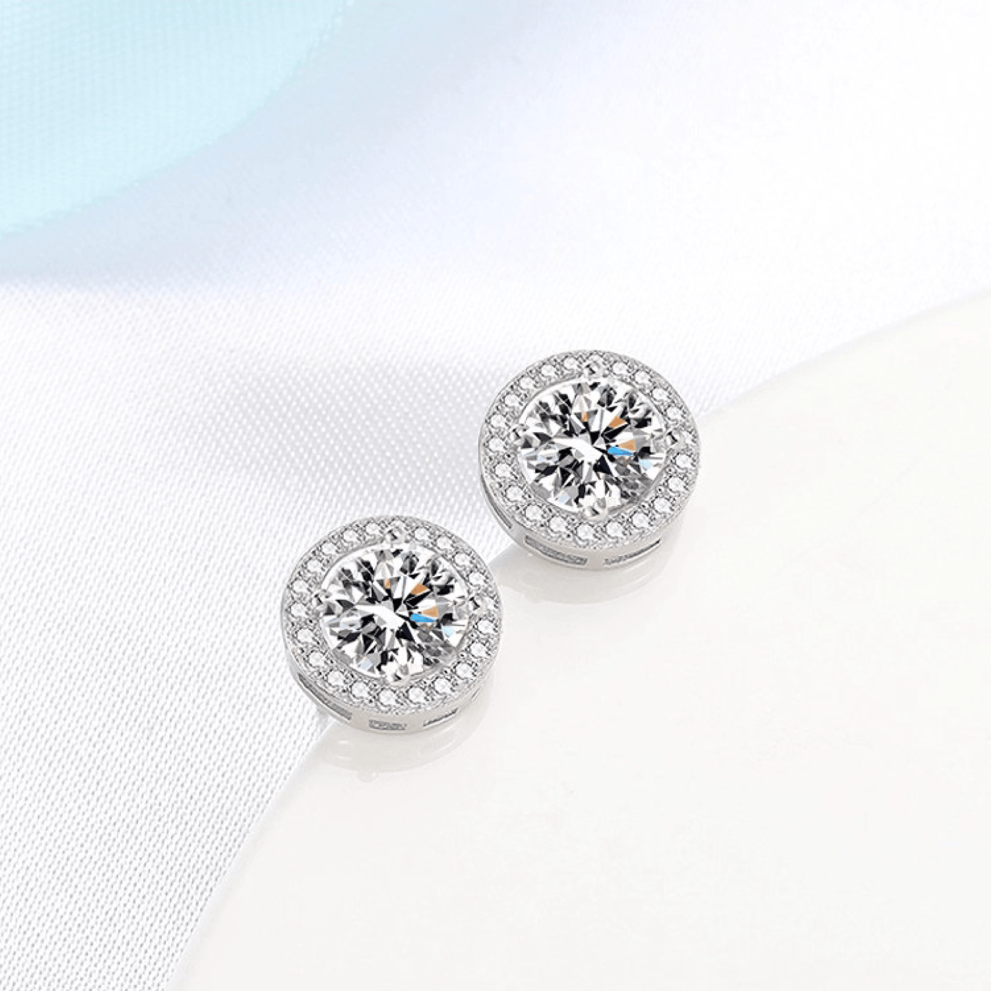 Round Moissanite Stud Earrings with Floating Halo in 18K White Gold Plated Sterling Silver (1 - 2ct. ) - La Pretti