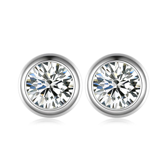 Round Moissanite Full Bezel - Set Stud Earrings in 18K White Gold Plated Sterling Silver (1 - 2ct. ) - La Pretti