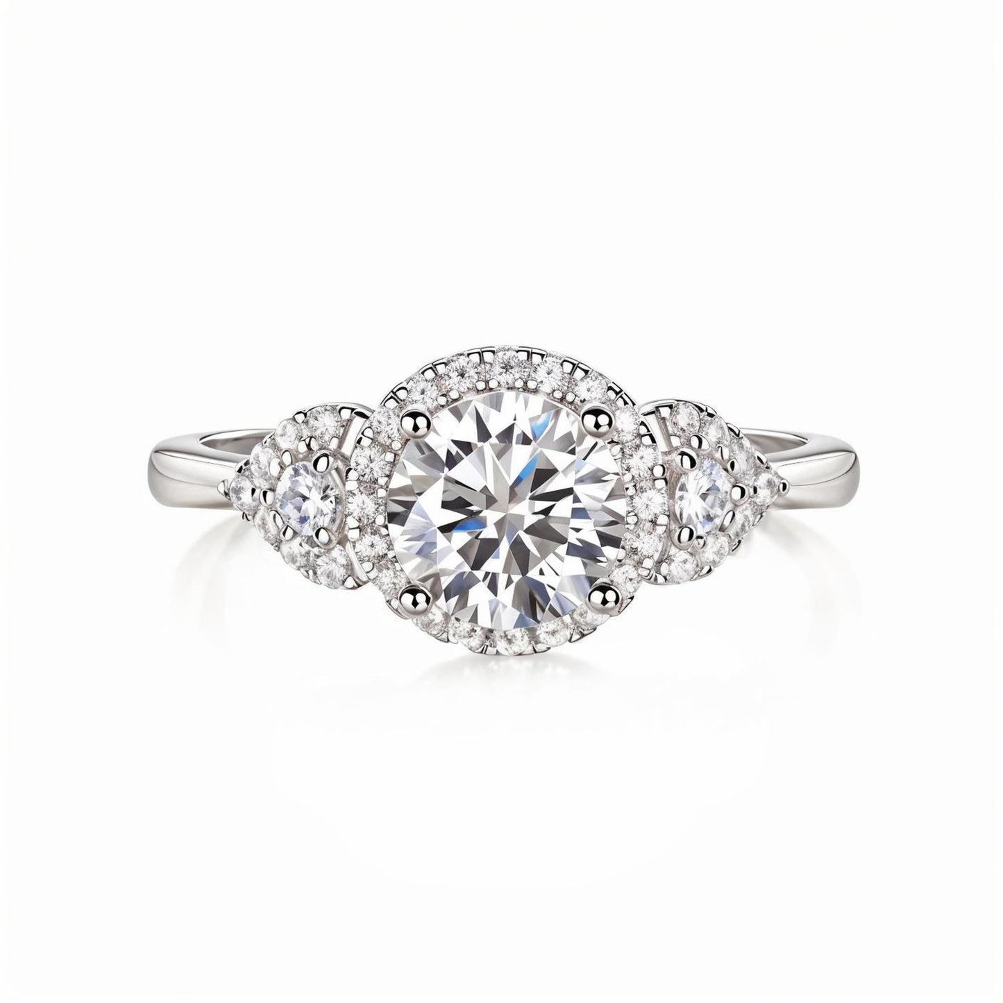 Round Halo Moissanite Three Stone Engagement Ring with Tapered Trillion Side Stones(1ct. ) - La Pretti