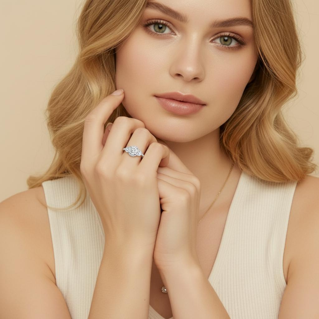 Round Halo Moissanite Three Stone Engagement Ring with Tapered Trillion Side Stones(1ct. ) - La Pretti