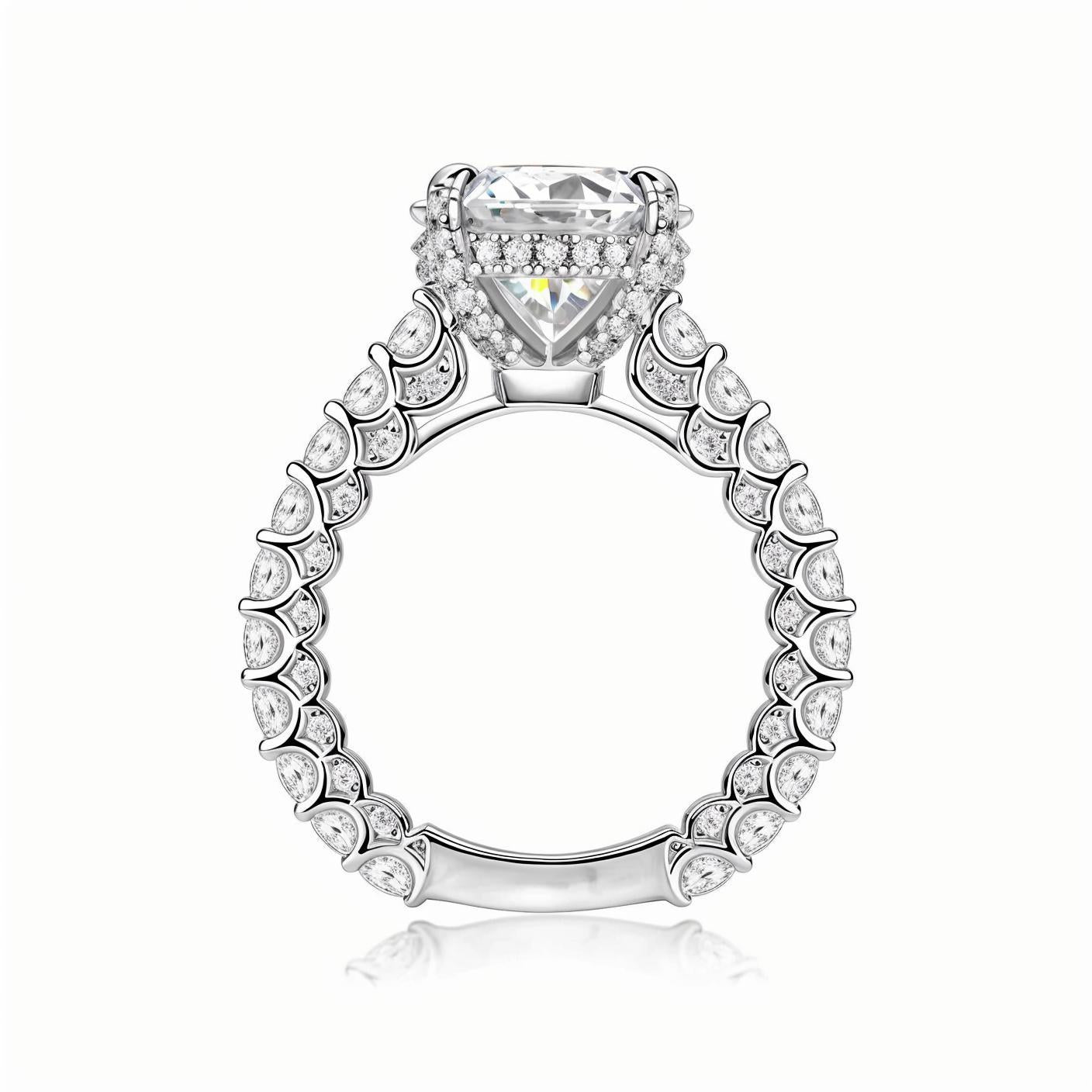 Round Solitaire Moissanite Hidden Halo Engagement Ring in Cathedral Scalloped Pave Setting (5ct. ) - La Pretti